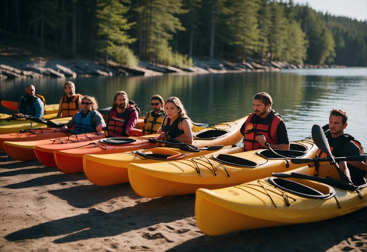 A group gathers around a kayaking instructor, listening to a safety orientation before setting out on their trip. Kayaks are lined up on the shore, ready to be launched into the water