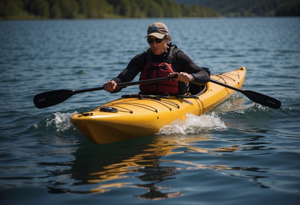 A kayaker receives a safety orientation, with an instructor pointing to key equipment and demonstrating proper techniques