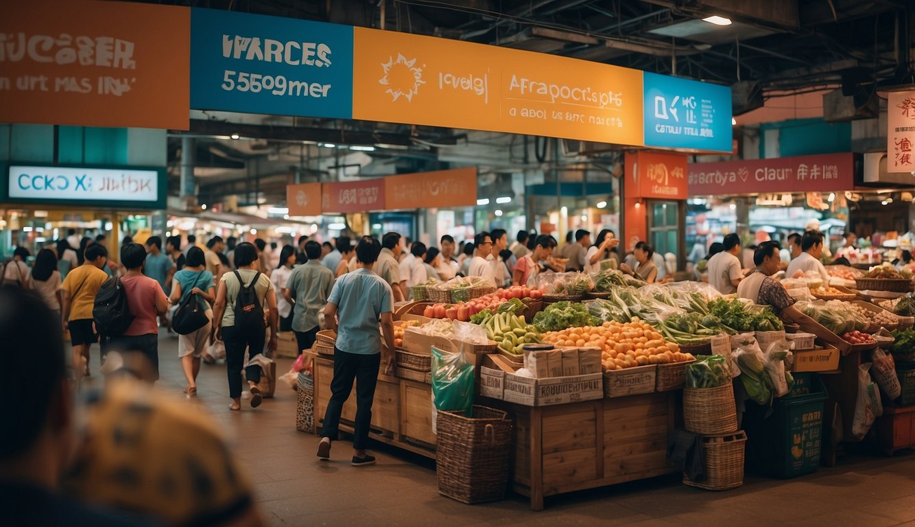A colorful marketplace with various vendors displaying goods, a sign reads "Accepting CDC vouchers" in Singapore