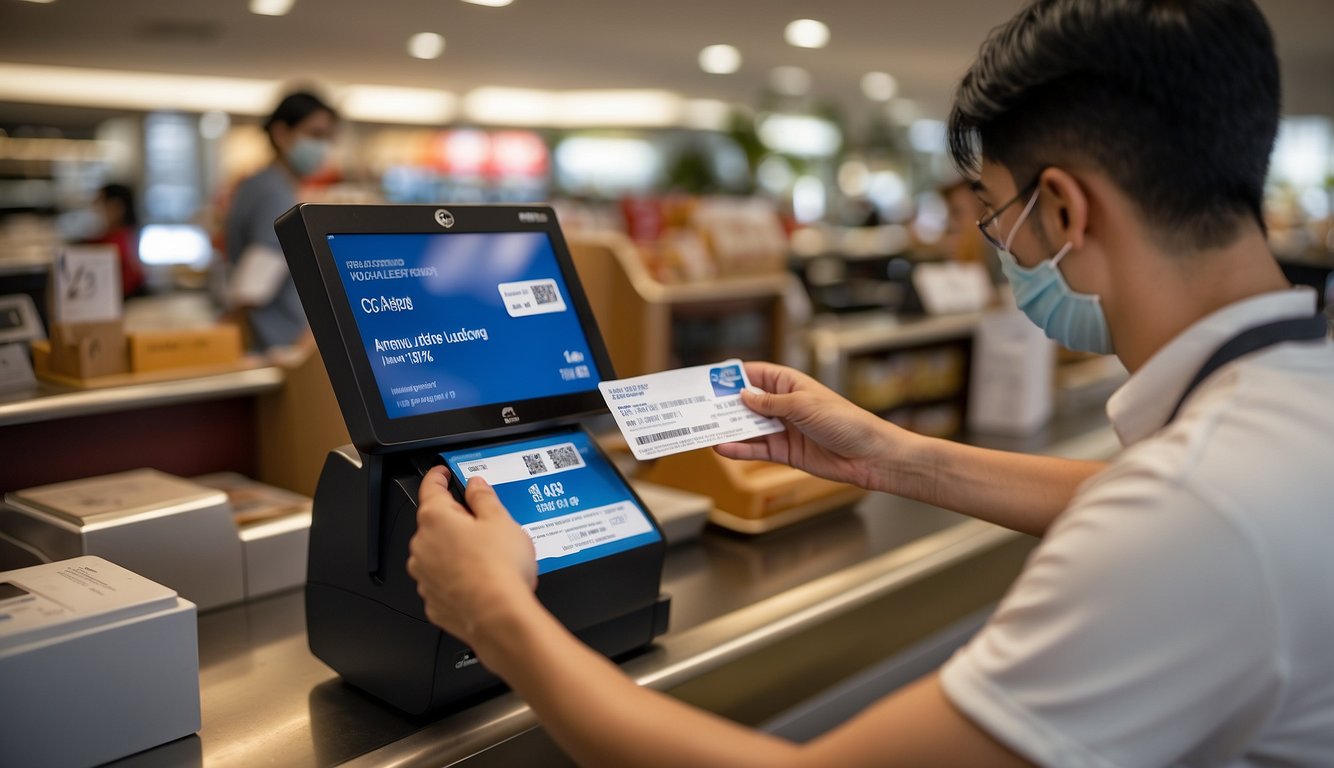 A person holding a CDC voucher while making a purchase at a participating store in Singapore. The cashier scanning the voucher and processing the payment