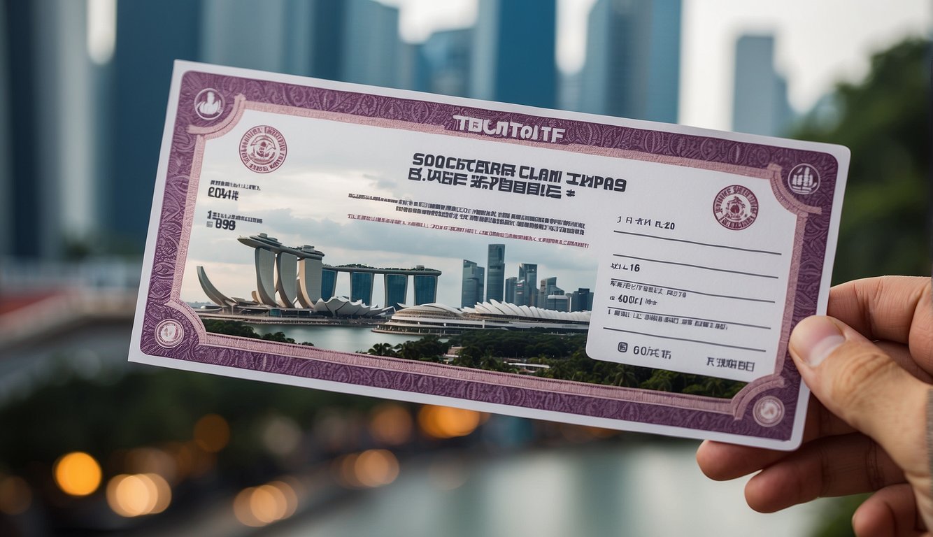 A hand holding a CDC voucher with Singapore landmarks in the background. Text "How to claim and spend" is visible