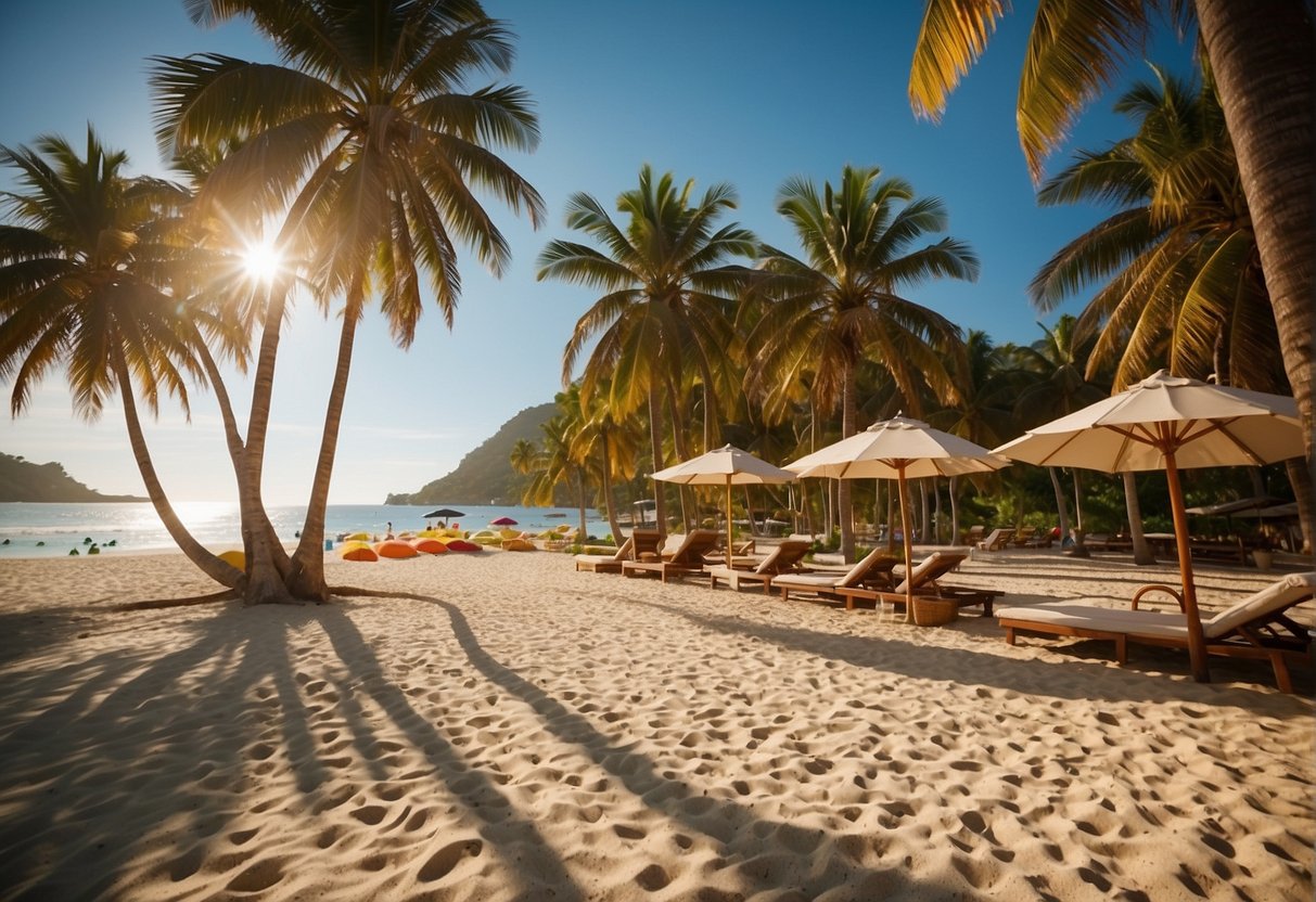 the sun shines down on a pristine beach with golden sand stretching out to meet the crystal clear water