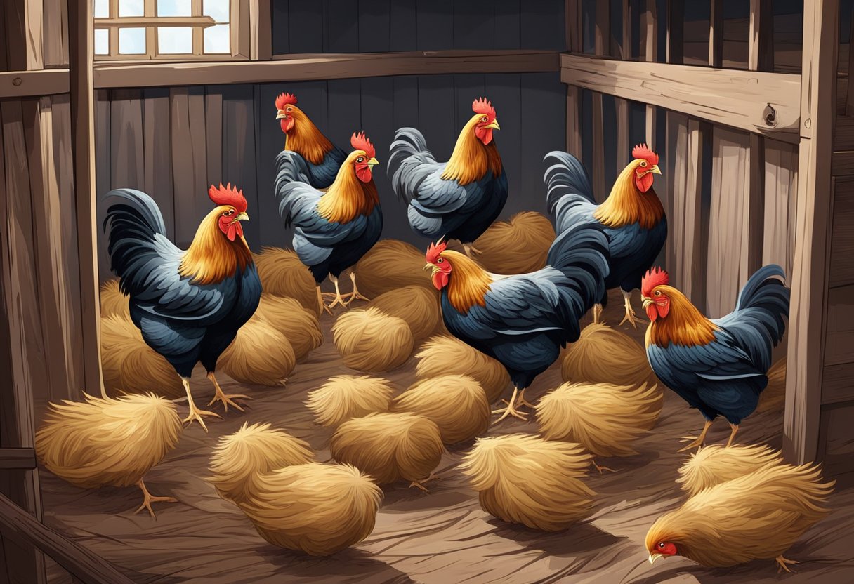 Chickens stand in a coop, surrounded by empty nests. Their feathers are ruffled, and they cluck anxiously