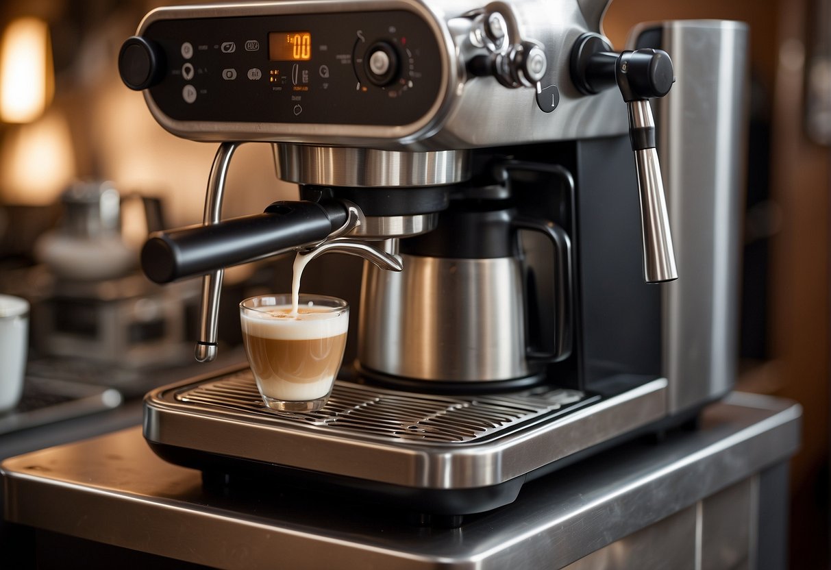 A steam wand froths milk as an espresso machine brews a strong shot. A cezve sits on a gas burner, filled with finely ground coffee and water