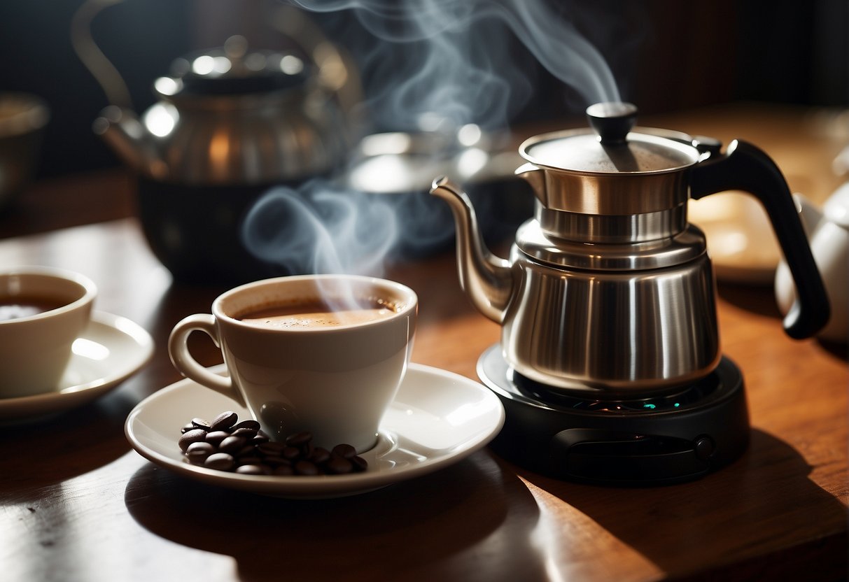 A steaming cup of espresso sits next to a traditional Turkish coffee pot, both emitting rich aromas. A small gauge measures the caffeine levels, while a nutrition label lists health considerations