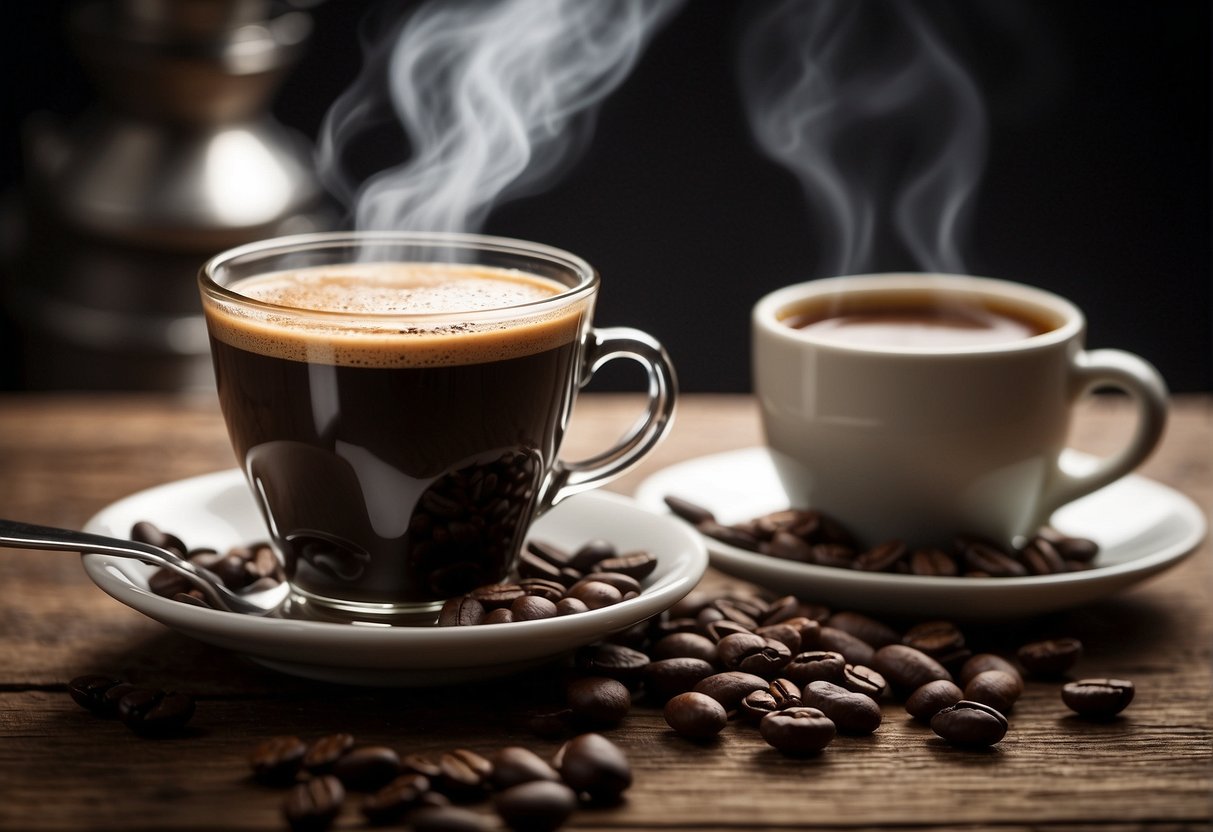 A steaming cup of espresso and Turkish coffee side by side, surrounded by coffee beans and traditional serving utensils