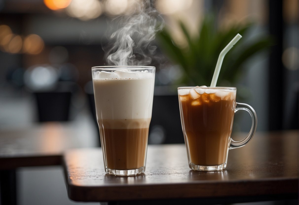 A steaming cup of flat white sits next to a tall glass of iced coffee. The contrast in temperature and texture is evident, inviting viewers to ponder the characteristics of each drink