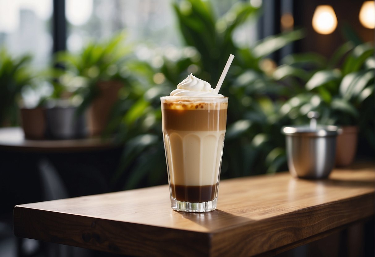 A steaming flat white and a frosty iced coffee stand side by side on a wooden table, surrounded by fresh coffee beans and green plants
