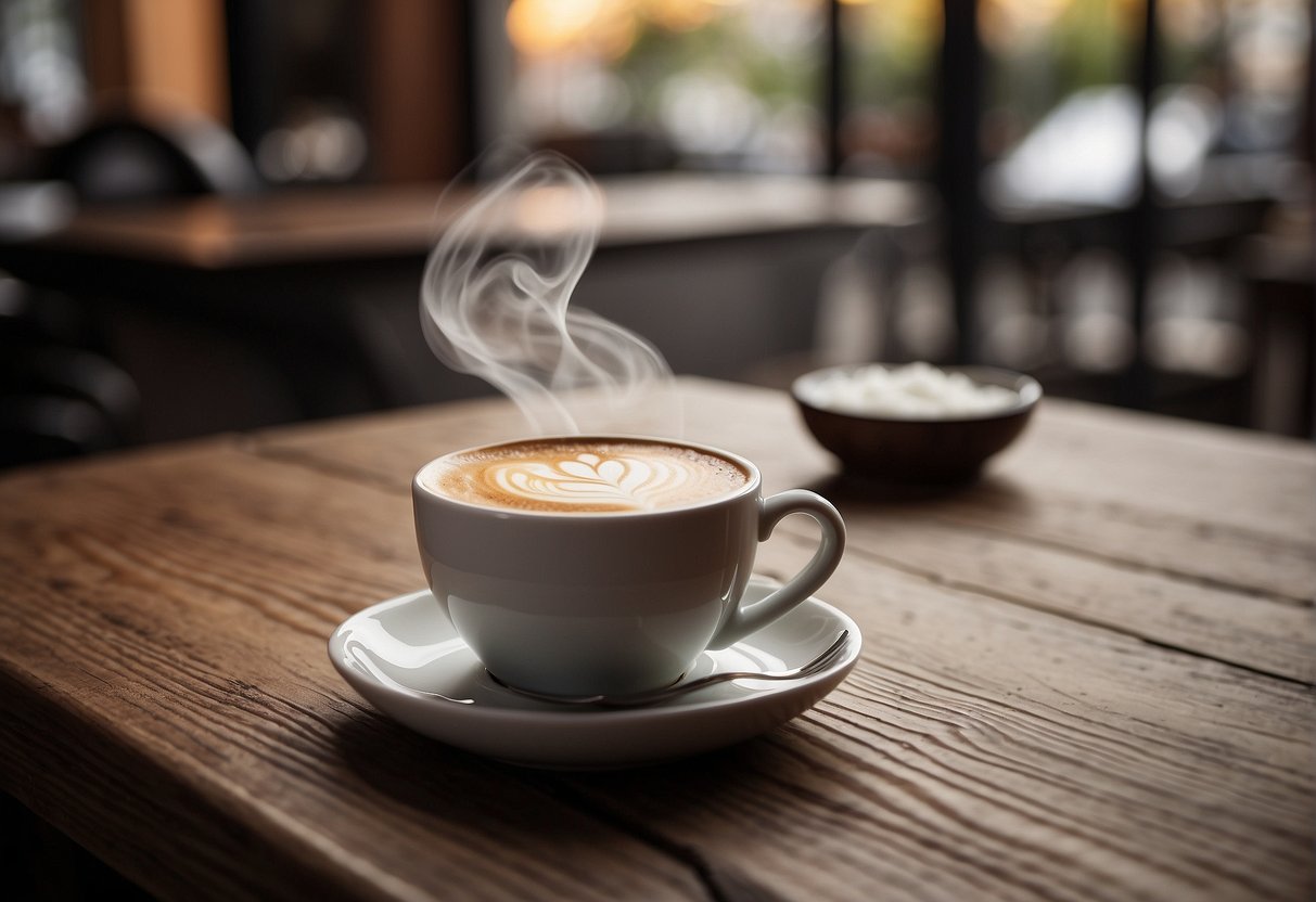 A steaming cup of flat white sits next to a glass of Irish coffee, both on a rustic wooden table. The aroma of coffee fills the air, creating a cozy and inviting scene