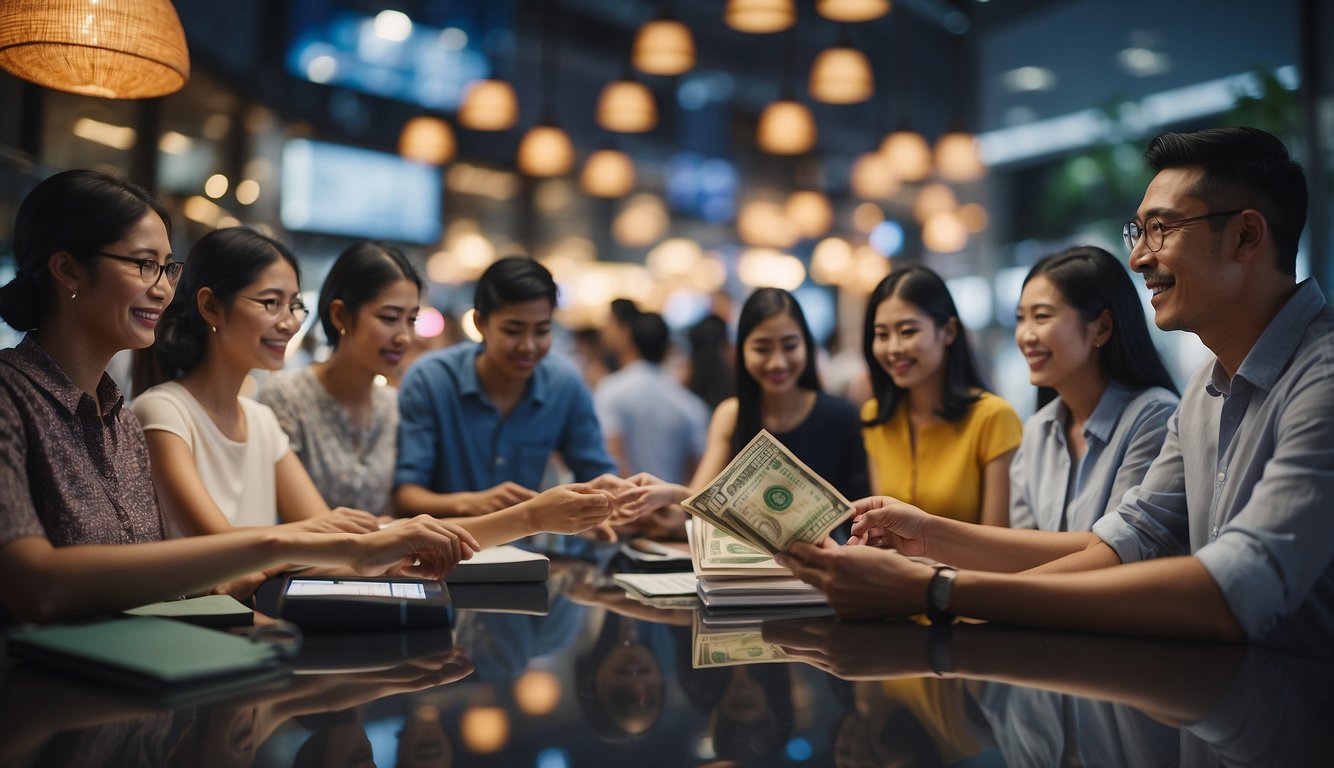 A diverse group of people in Singapore receiving financial assistance through various programs, symbolizing the support and choices available through the Beyond the Basics scheme