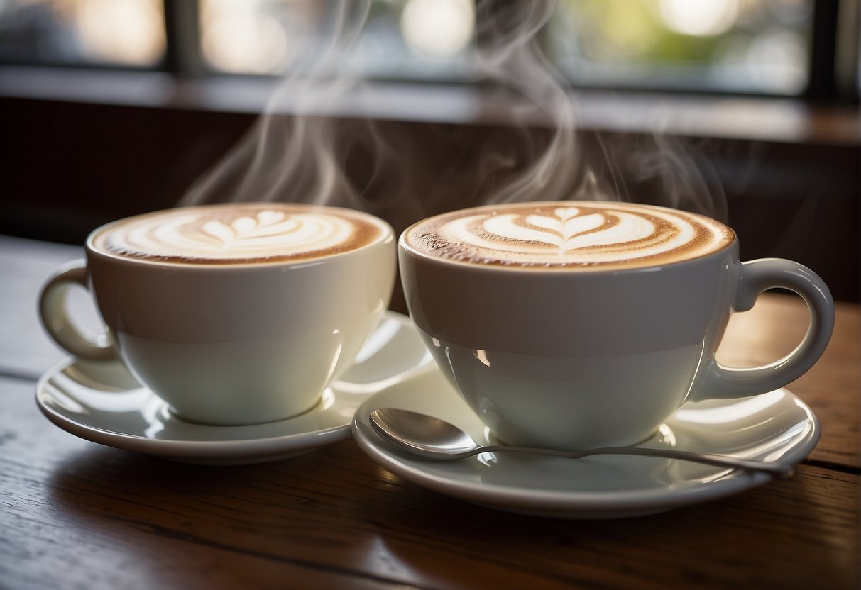 A table with two cups of coffee, one labeled "Flat White" and the other "Irish Coffee." Steam rises from the cups, emphasizing their strength