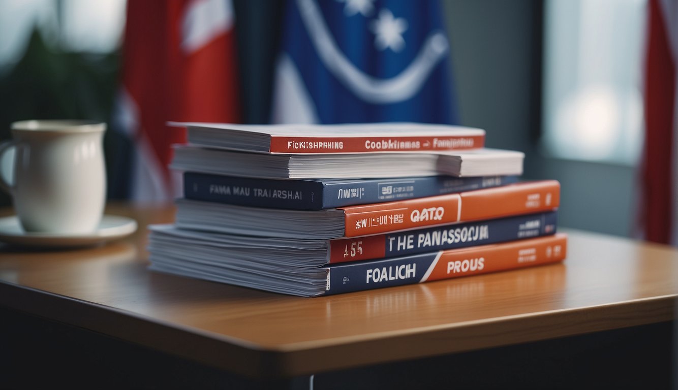 A stack of FAQ pamphlets on a desk with a Singaporean flag in the background