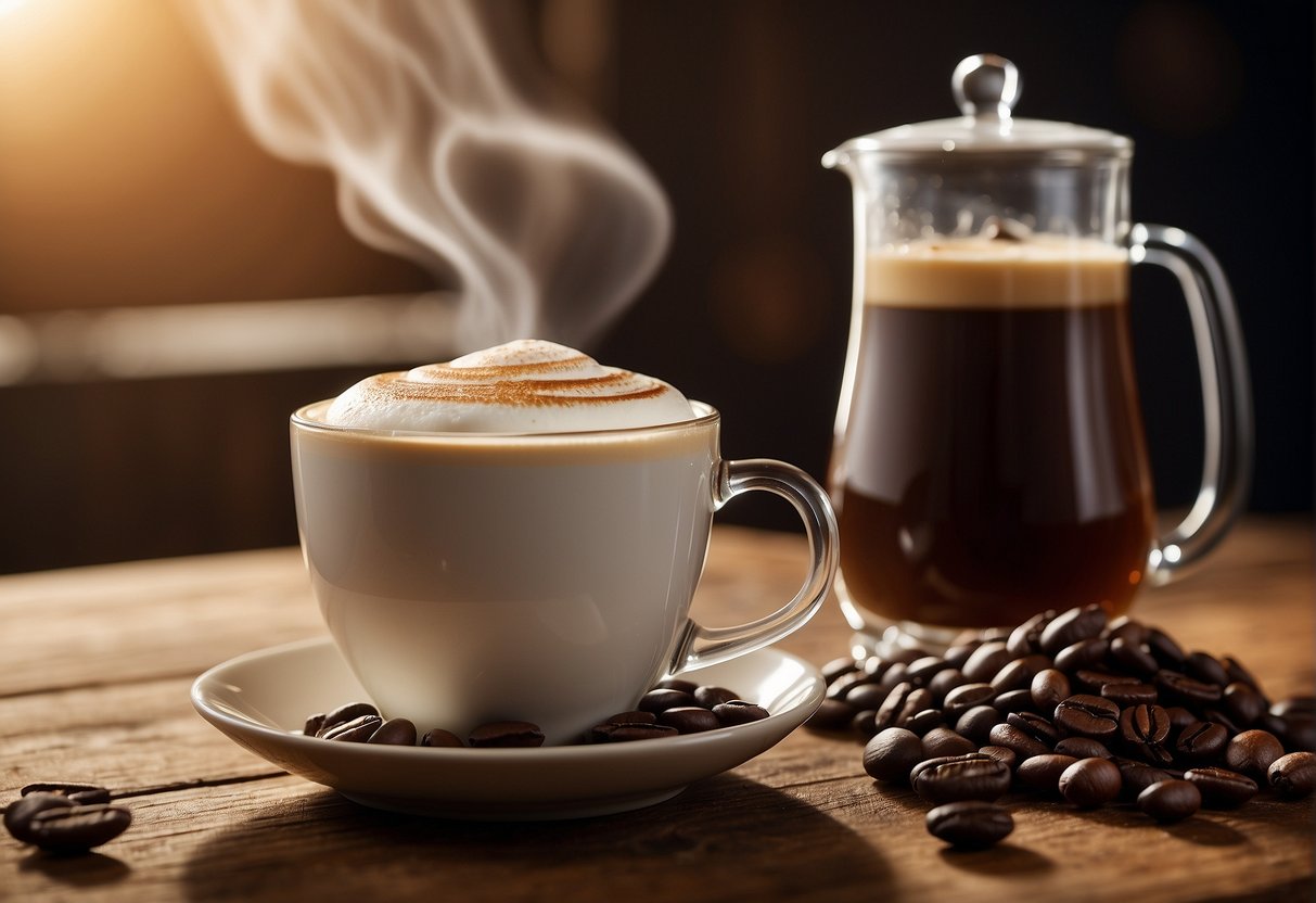 A steaming cup of flat white and Irish coffee sit side by side on a rustic wooden table, surrounded by coffee beans, milk jugs, and bottles of whiskey
