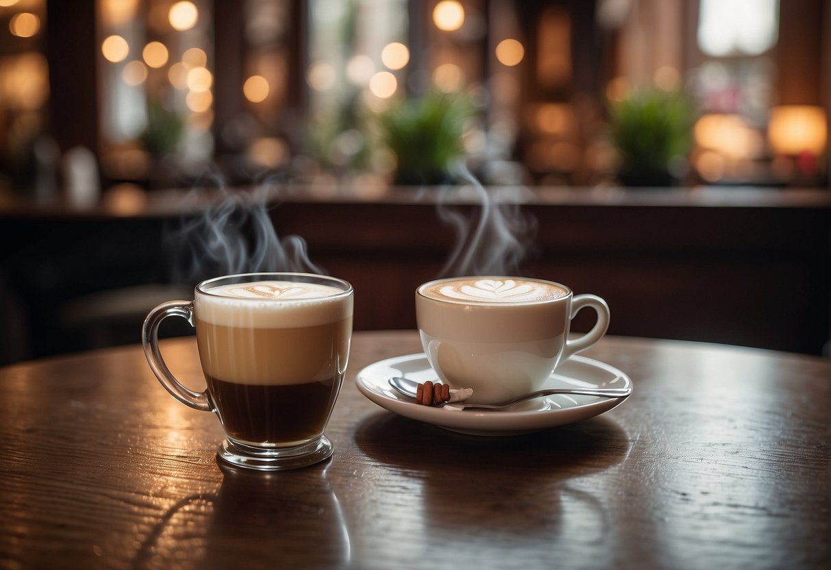 A table with a steaming flat white and an Irish coffee, surrounded by cultural symbols and regional decor
