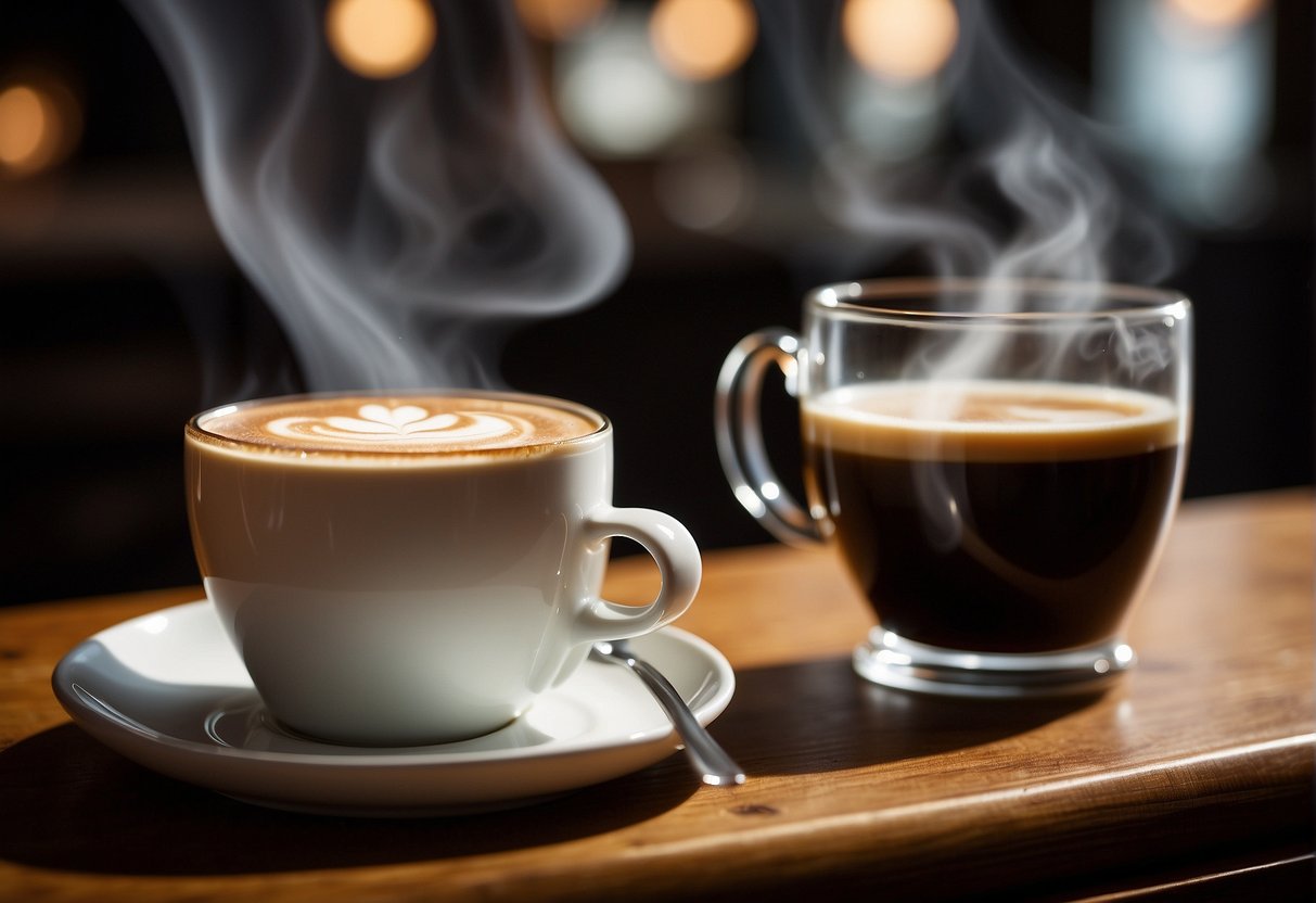 A steaming cup of flat white sits next to a glass of Irish coffee. The rich aroma and creamy texture of the flat white contrasts with the bold and boozy notes of the Irish coffee