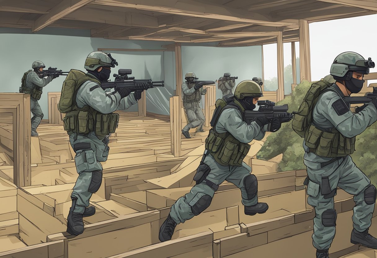 A group of players equipped with airsoft guns engage in a simulated demolition scenario, navigating through a maze of obstacles and taking cover behind makeshift barriers