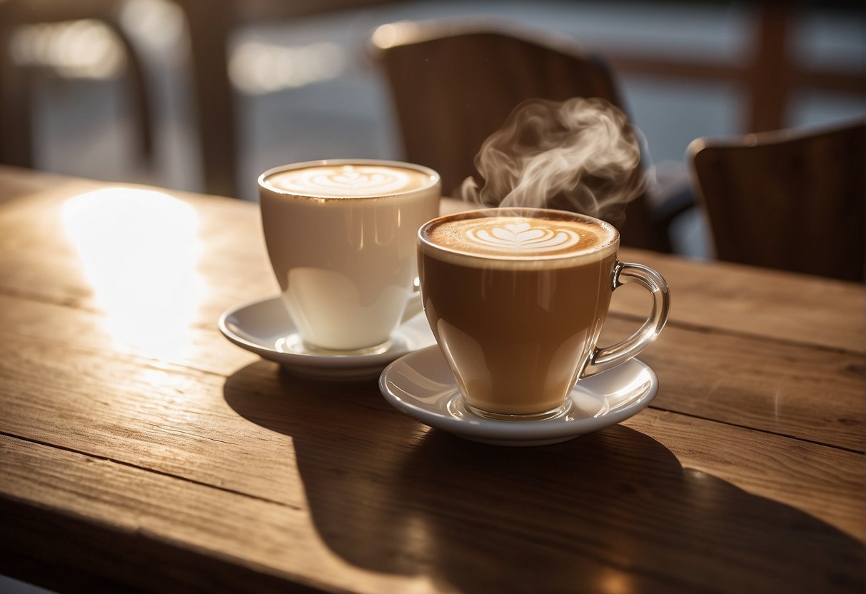 A flat white and a latte sit side by side on a wooden table, steam rising from their creamy surfaces. A beam of sunlight highlights the contrast between the two beverages