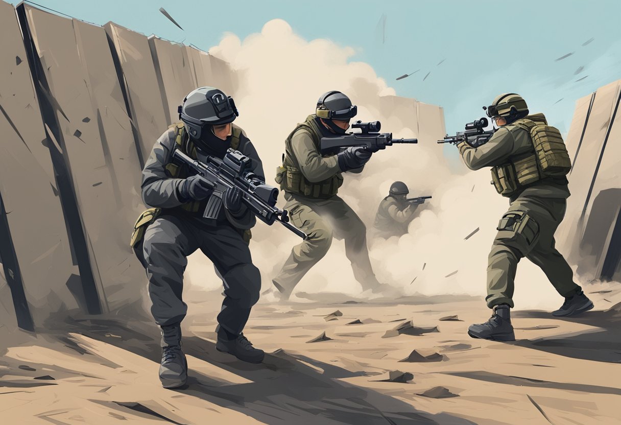 A group of players engage in a fast-paced game of Demolition Airsoft, darting between obstacles and taking cover behind barricades. The air is filled with the sound of rapid gunfire and the occasional burst of smoke from a simulated explosion