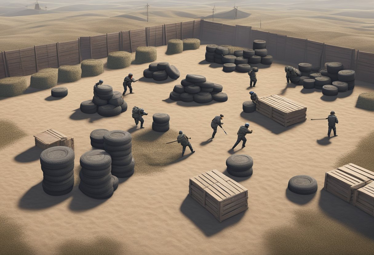 Players arranging obstacles, barricades, and targets in an open field. Sandbags, wooden crates, and tires are strategically placed for cover. Safety flags and boundaries are marked