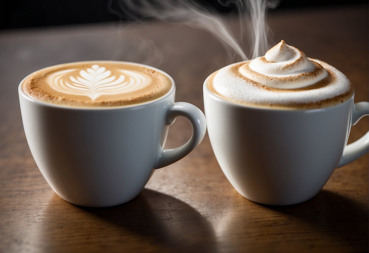 A side-by-side comparison of a flat white and a latte, with steam rising from both cups. The flat white appears slightly stronger in color and aroma