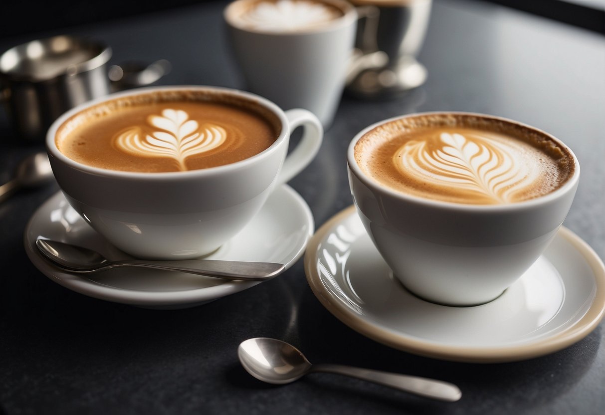 A flat white and a latte sit side by side, steam rising from their creamy surfaces. A scale sits between them, measuring their strength