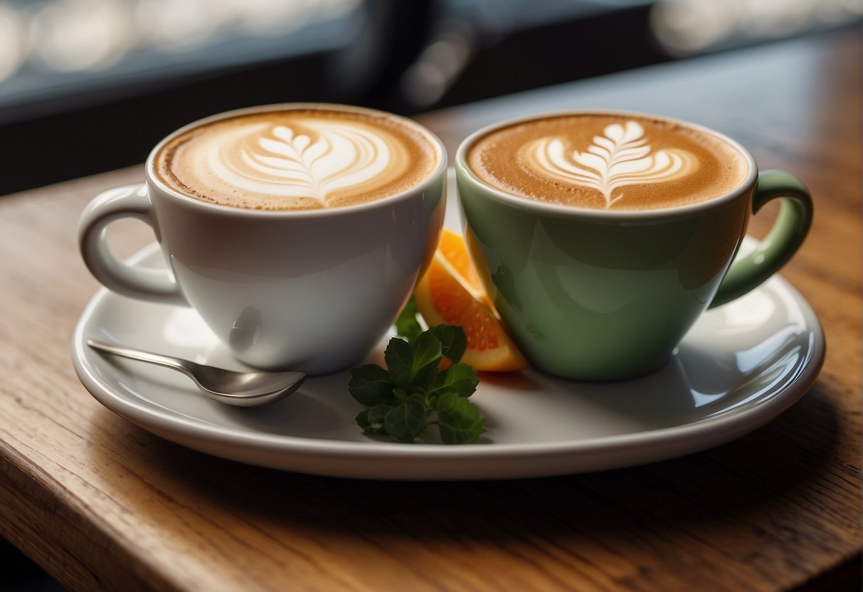 A steaming cup of flat white and latte side by side on a rustic wooden table, surrounded by fresh dairy and alternative milk options, with a backdrop of vibrant fruits and vegetables