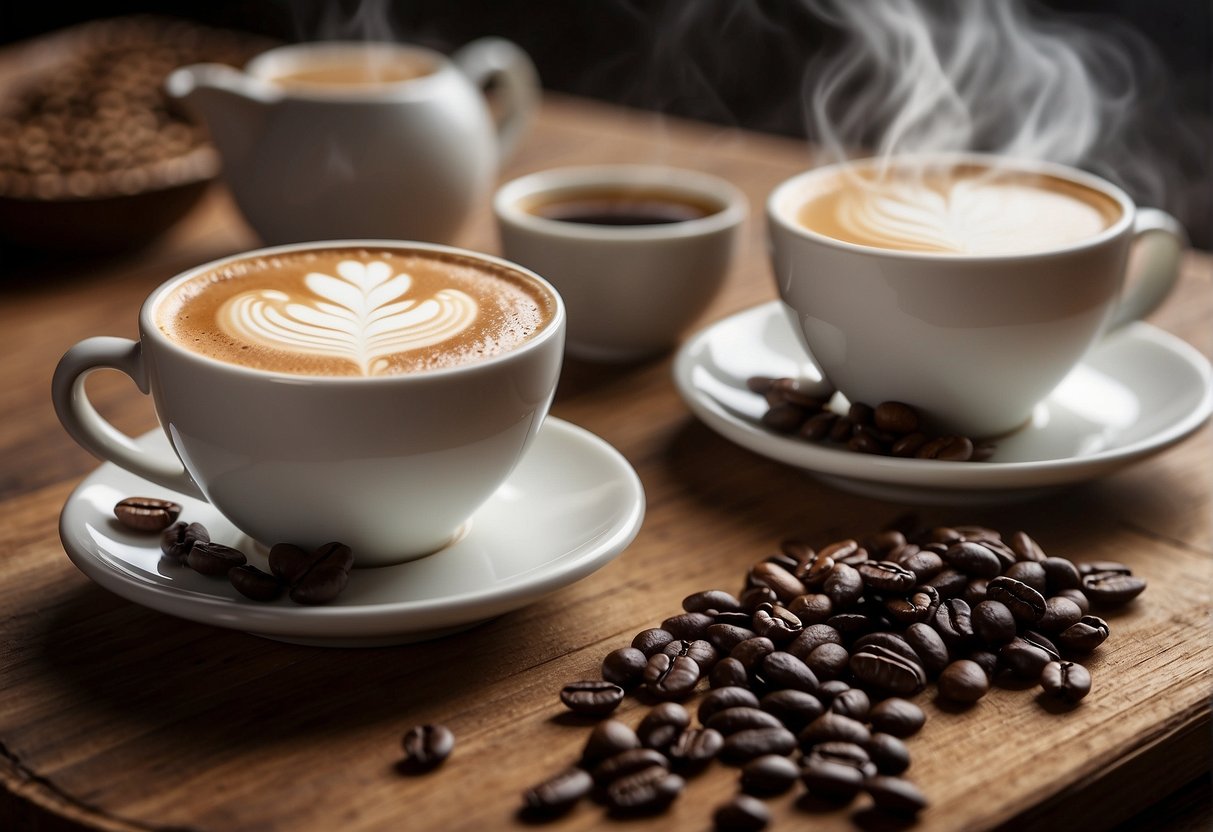 A steaming cup of flat white and macchiato sit side by side on a rustic wooden table, surrounded by scattered coffee beans and a frothy milk pitcher