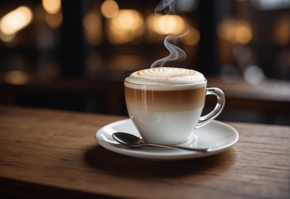 A steaming cup of flat white sits next to a small macchiato on a wooden table, both adorned with delicate foam art