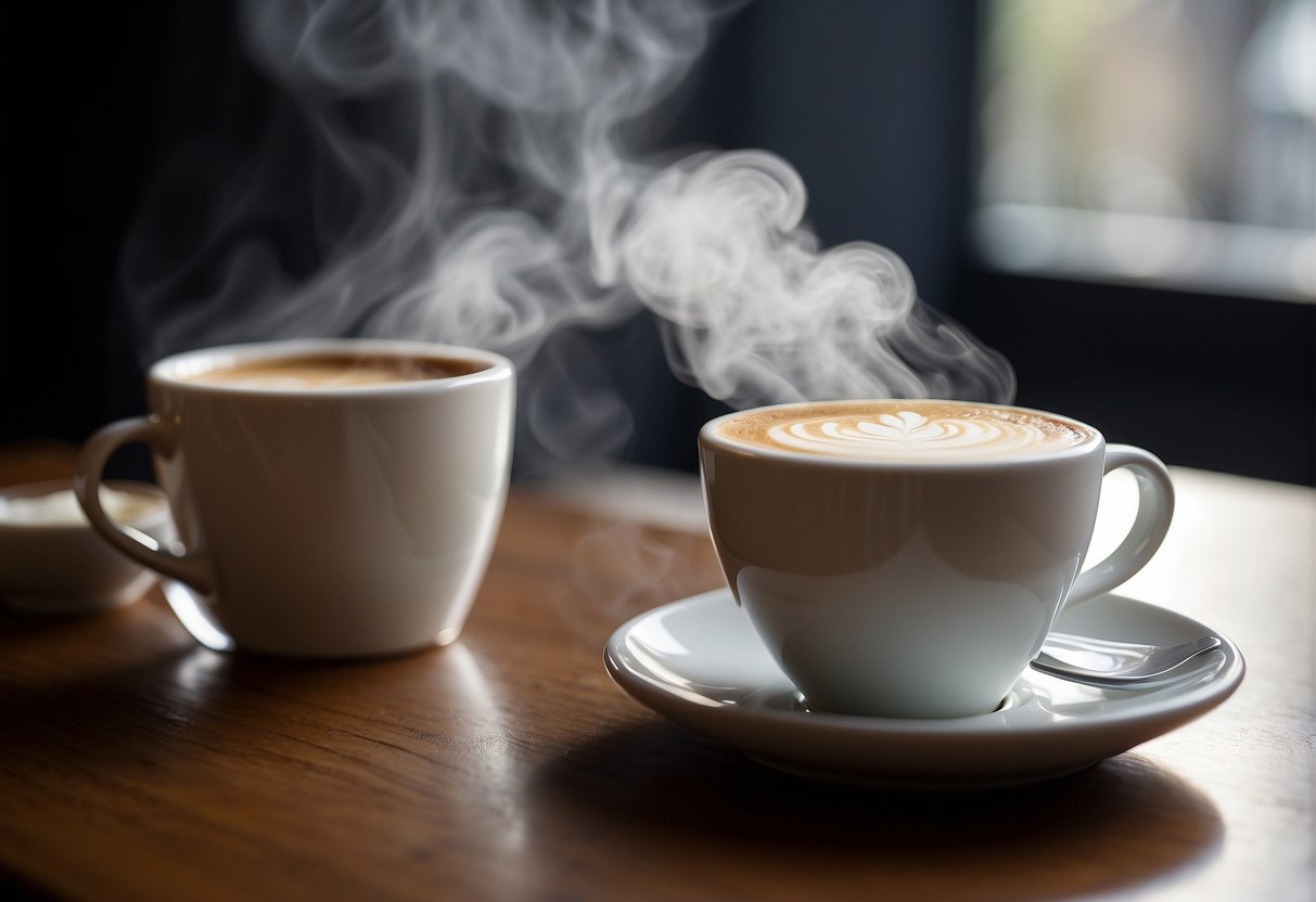 A steaming cup of flat white sits next to a macchiato, steam rising from both. The flat white appears larger, while the macchiato seems more concentrated