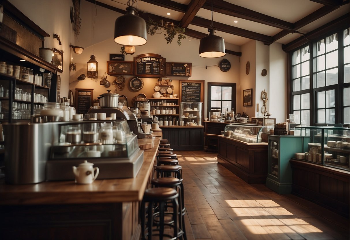A bustling coffee shop with vintage decor and cultural artifacts on display, showcasing the historical context of coffee traditions