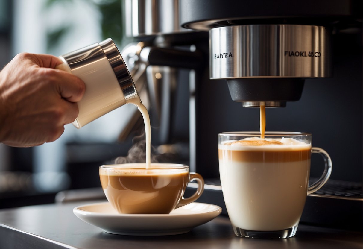 A barista pours steamed milk into espresso, creating a flat white. Beside it, a macchiato sits, showcasing its bold espresso with a dollop of foam