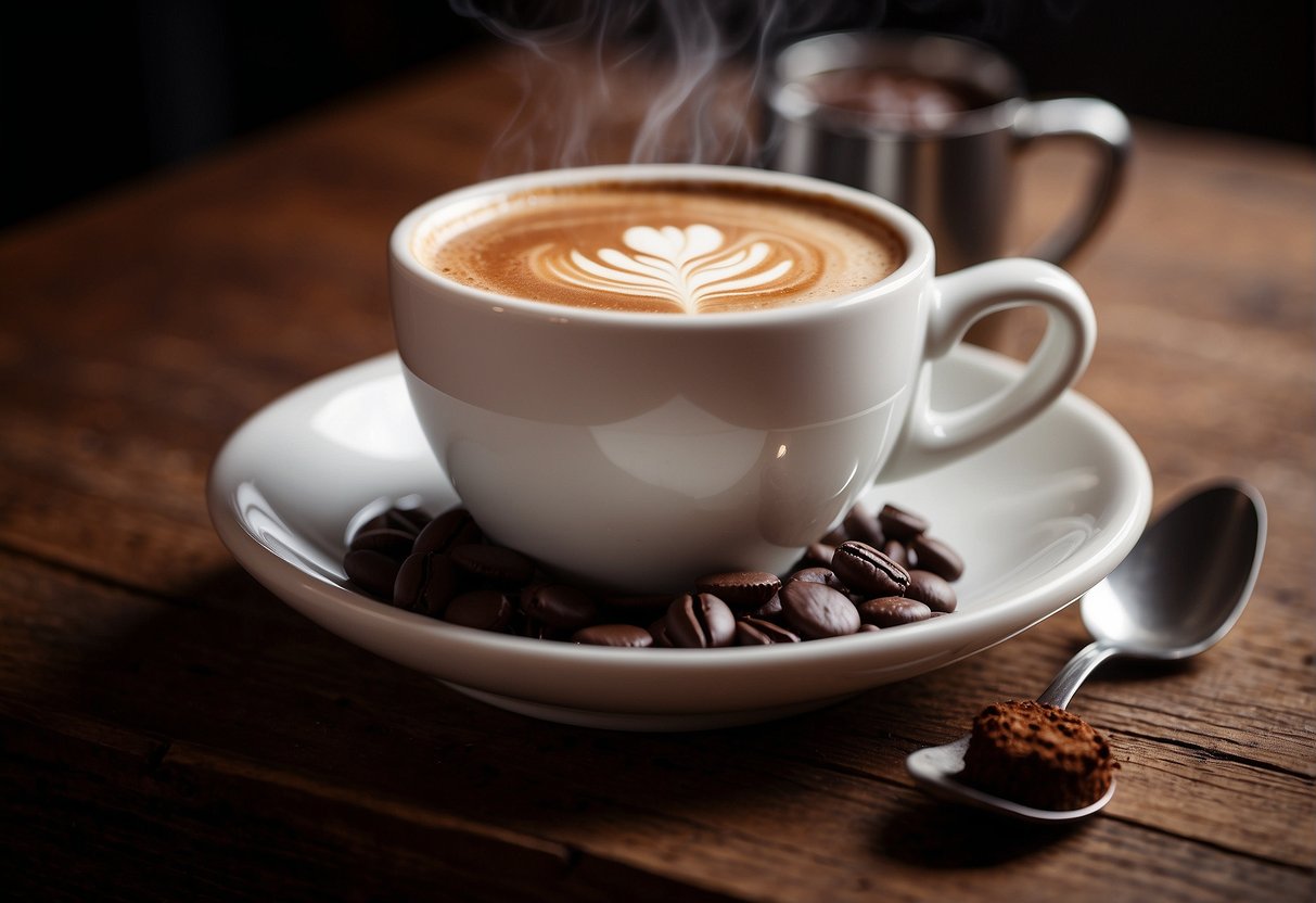 A steaming cup of flat white sits next to a rich, chocolatey mocha on a rustic wooden table. The aroma of freshly brewed coffee fills the air, creating a cozy and inviting atmosphere