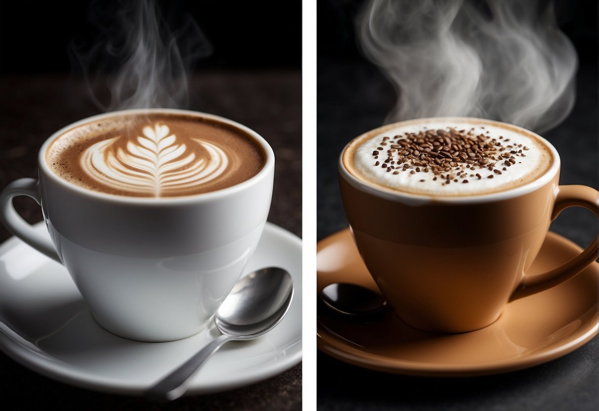 A steaming cup of flat white and mocha side by side, with contrasting colors and textures, set against a minimalist background