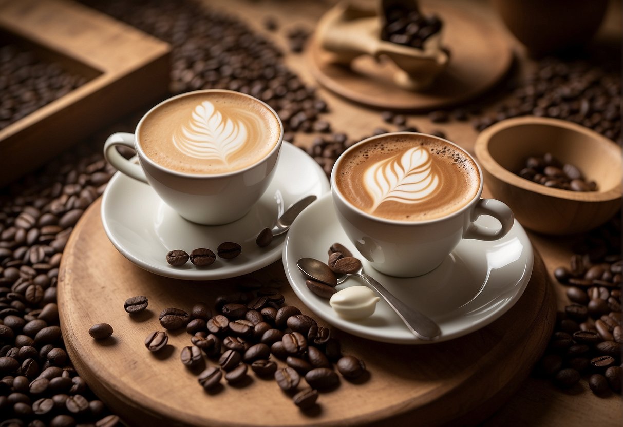 A table with two cups, one labeled "flat white" and the other "mocha," surrounded by coffee beans and flavor notes