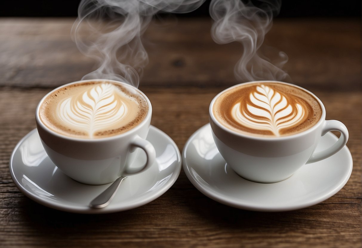A steaming cup of flat white and mocha side by side on a rustic wooden table, with swirling patterns of foam on top