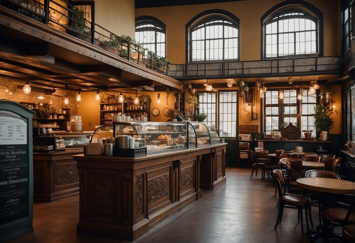 A bustling coffee shop with diverse decor and historical artifacts on display, evoking a sense of cultural richness and heritage