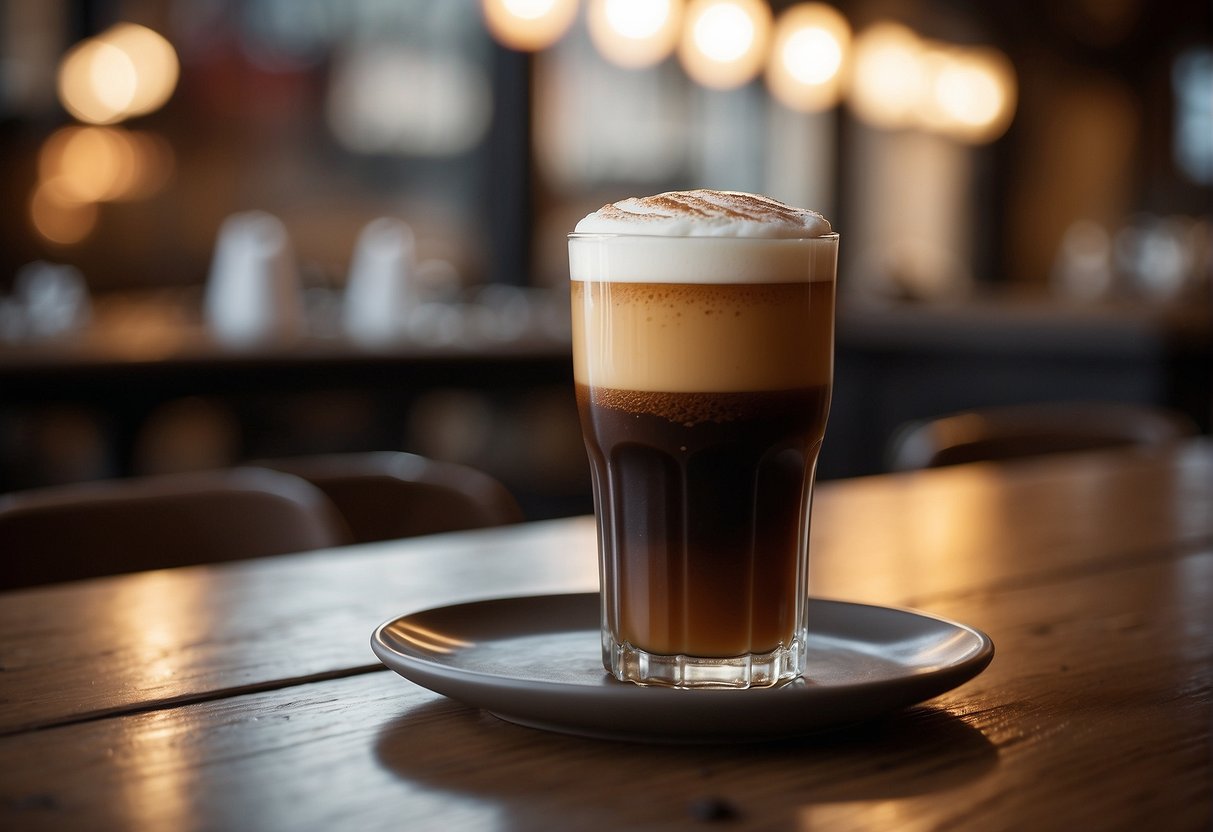 A steaming cup of flat white sits next to a frothy glass of nitro cold brew on a rustic wooden table