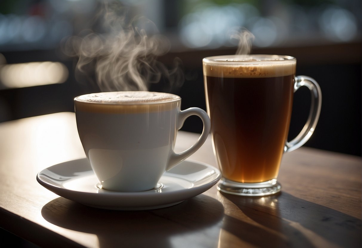 A steaming cup of flat white sits next to a tall glass of nitro cold brew. The aroma of coffee fills the air as the two beverages await comparison