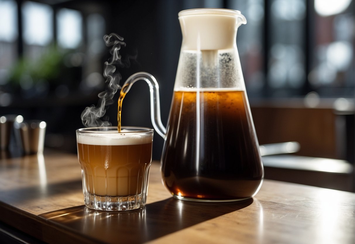 A beaker of flat white sits next to a flask of nitro cold brew. Steam rises from the flat white while tiny nitrogen bubbles cascade through the cold brew