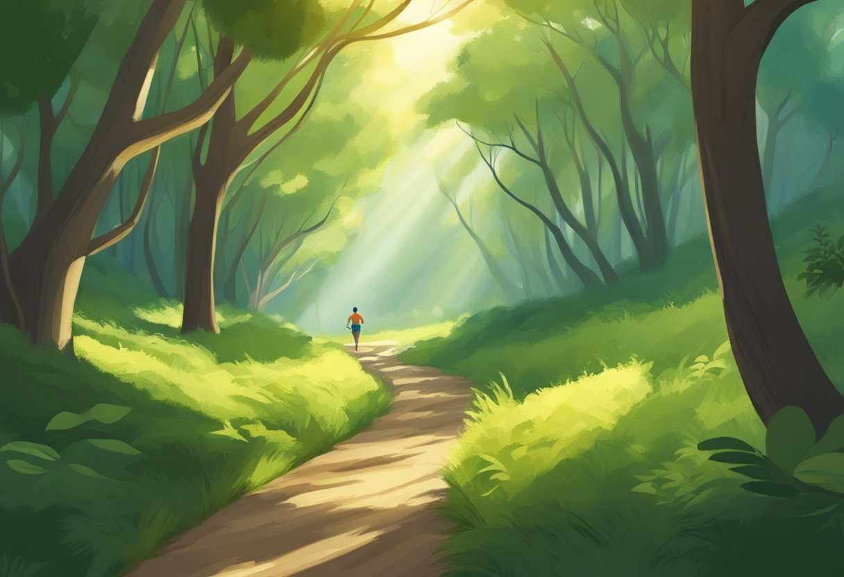 A runner follows a winding trail through a lush forest, with sunlight filtering through the trees. The path stretches out ahead, disappearing into the distance