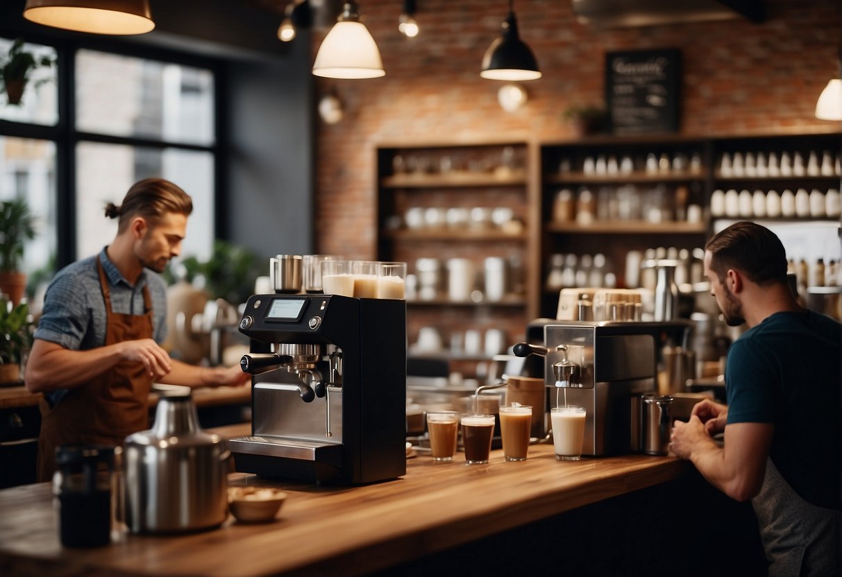 A bustling coffee shop with trendy decor. A barista prepares a flat white and a nitro cold brew, while customers debate their preferences