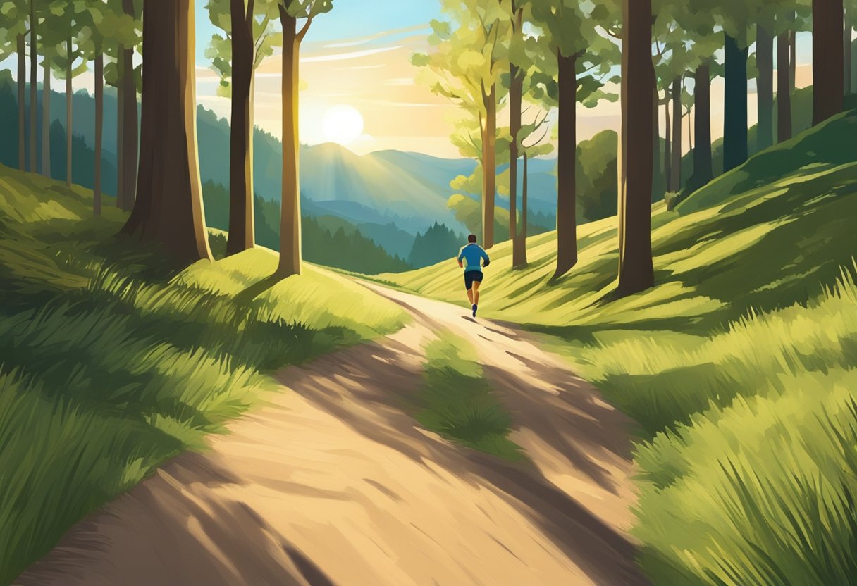 A runner follows a marked trail through a scenic forest, with rolling hills and a clear path ahead. The sun shines through the trees, casting dappled shadows on the ground