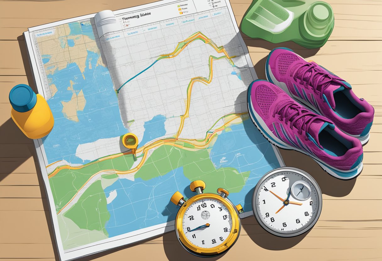 A running shoe, stopwatch, water bottle, and training schedule laid out on a table. A map of a 10-mile route and a chart of a 15K training program visible in the background