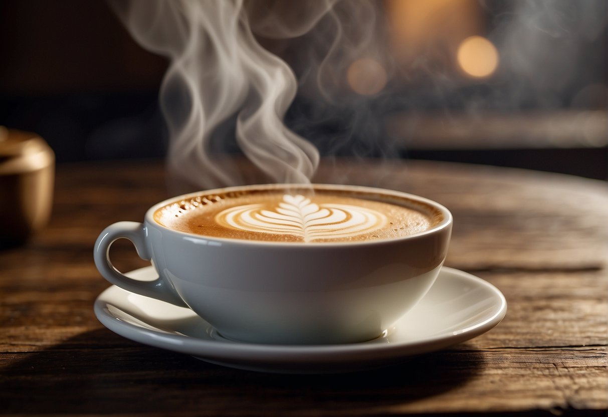 A steaming cup of flat white and ristretto sit side by side on a rustic wooden table, surrounded by swirling steam and the rich aroma of freshly brewed coffee