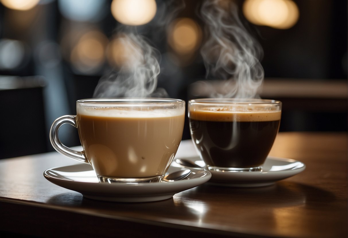 A steaming cup of flat white and a shot of ristretto sit side by side, showcasing the contrast in strength and color between the two espresso-based drinks