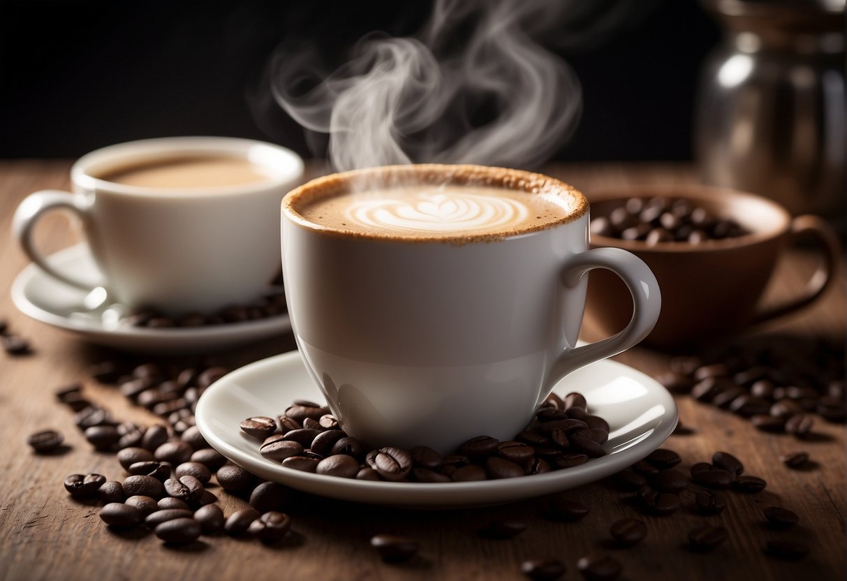 A steaming cup of coffee with a layer of creamy milk on top, surrounded by coffee beans and a frothing pitcher