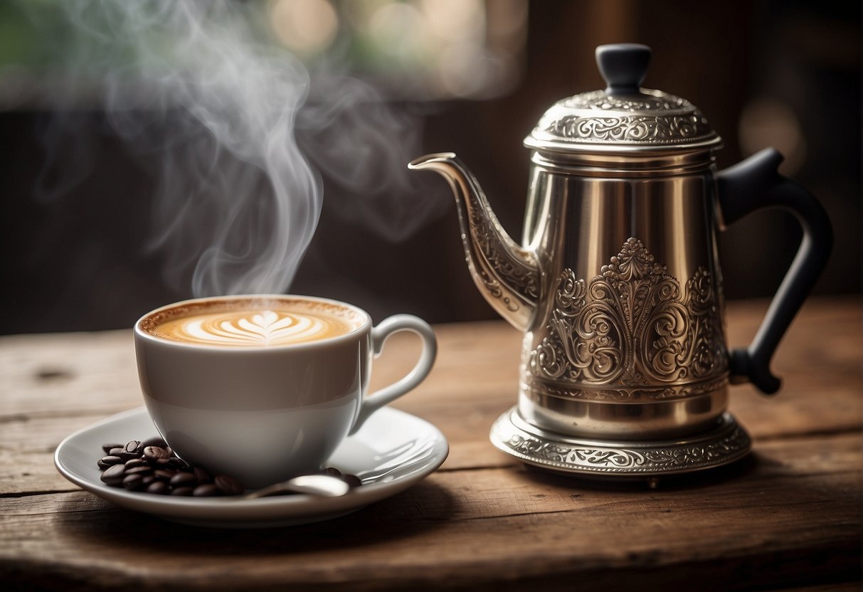 A steaming cup of flat white sits next to a small, ornate Turkish coffee pot on a rustic wooden table. The rich aroma of coffee fills the air