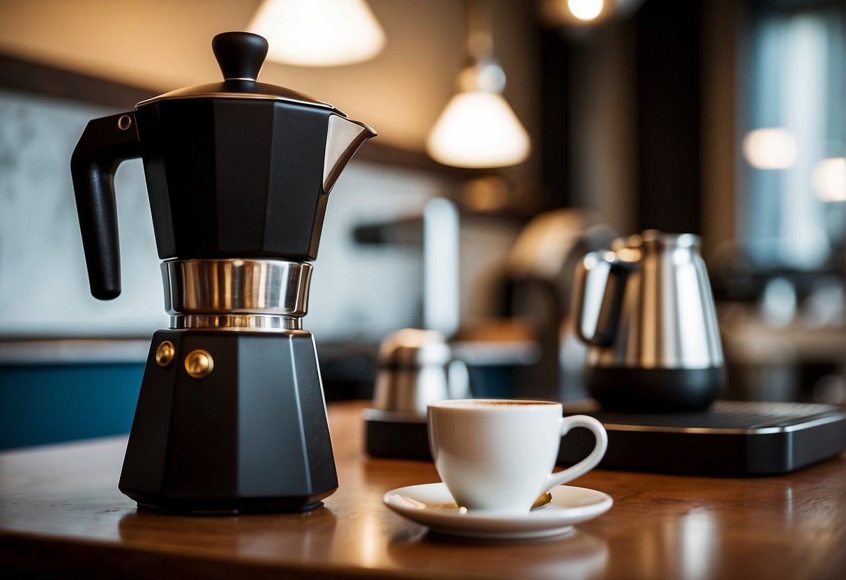 A traditional Turkish coffee pot sits next to a modern espresso machine, symbolizing the clash between cultural and historical context in the debate over which coffee is stronger: flat white or Turkish coffee