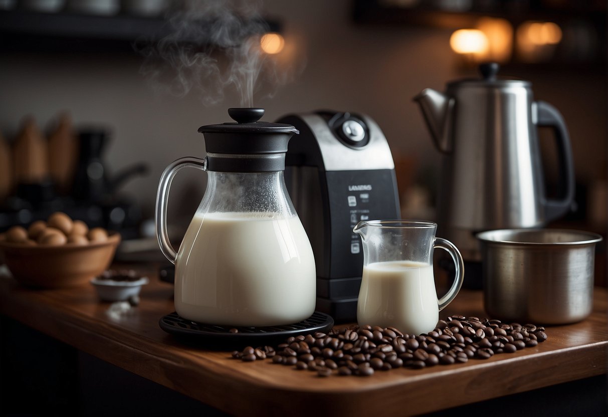 Steam rises from a milk pitcher, while a coffee pot simmers on a stove. A bag of coffee beans and a container of milk sit nearby