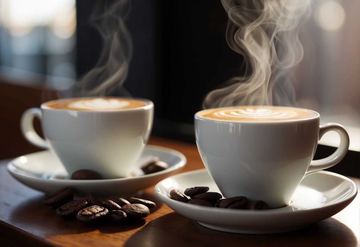 A flat white and Turkish coffee sit side by side on a table, steam rising from both. The aroma of each brew fills the air, creating a sense of anticipation